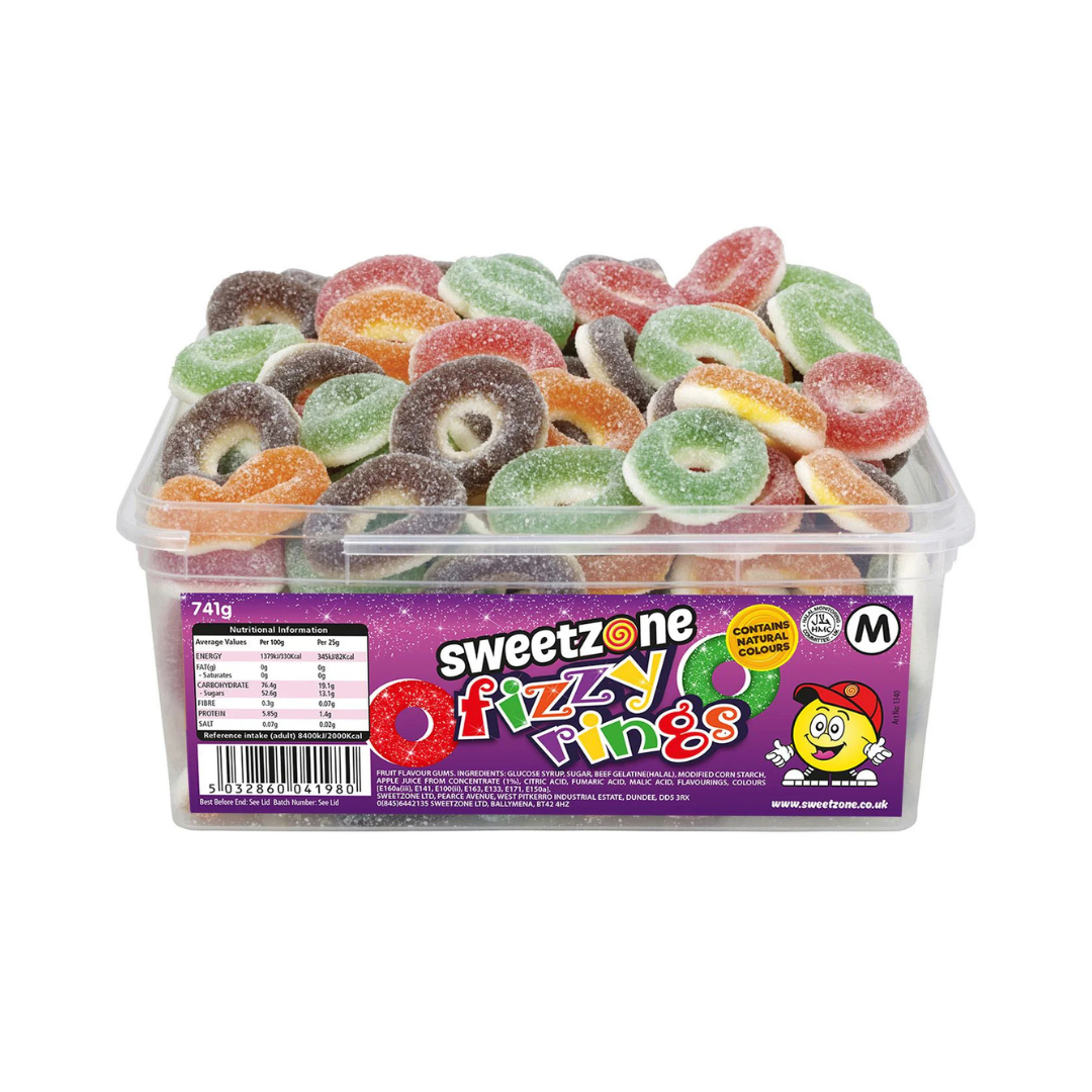 Halal Fizzy Fruity Rings in Sweet Tub