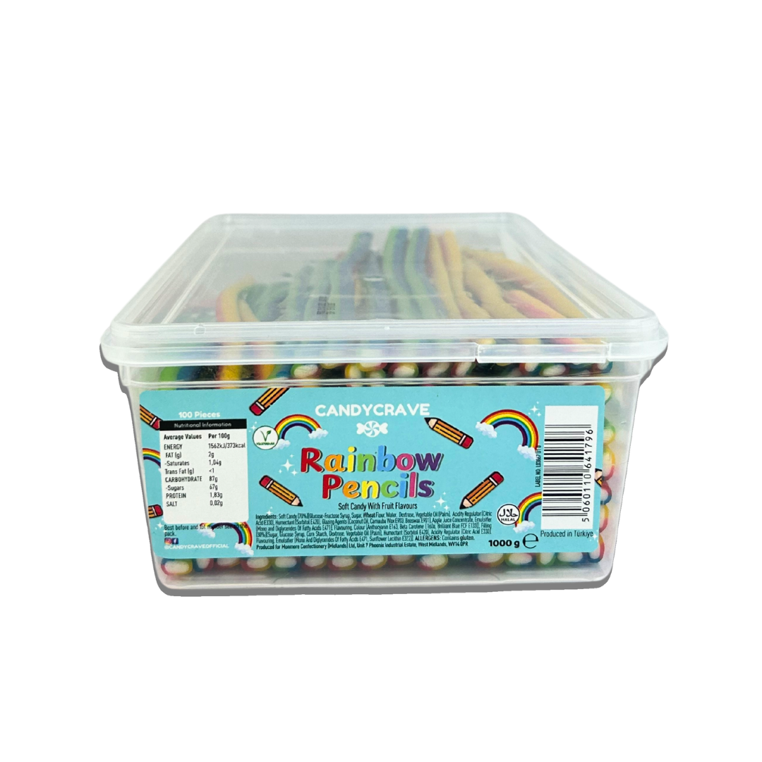 Halal and vegetarian rainbow pencil sweets in bulk sweet tub – 1kg